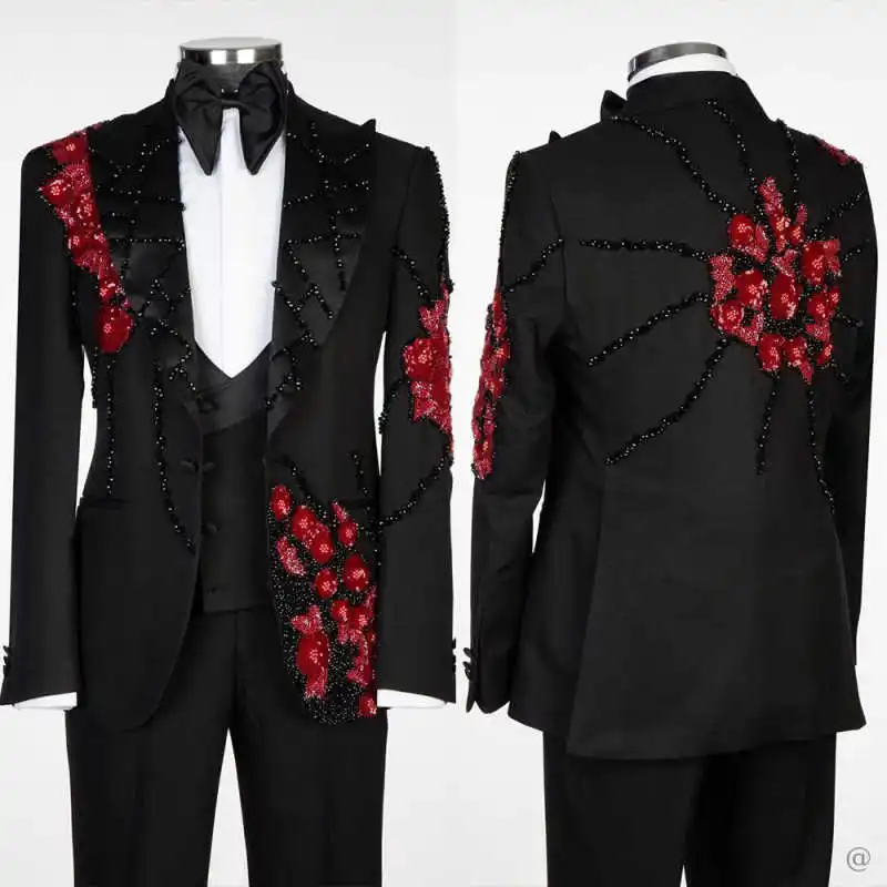 

Modern Wedding Groom Tuxedo 2 Pieces Blazer Pants One Button Crystals Diamond Flowers Formal Occasions Party Customized