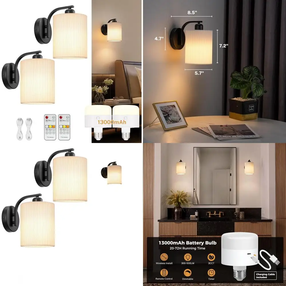 

Set of 2 Rechargeable Battery-Powered Wall Sconces, 13000mAh, Pleated Fabric, Ideal for Bedroom and Living Room, Black