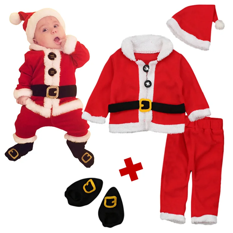 Disfraz de Navidad para niños recién nacidos, abrigo de forro polar, pantalones, sombrero y zapatos, trajes de Papá Noel de felpa, ropa de Navidad para bebés de 3 a 24M, 4 piezas por juego