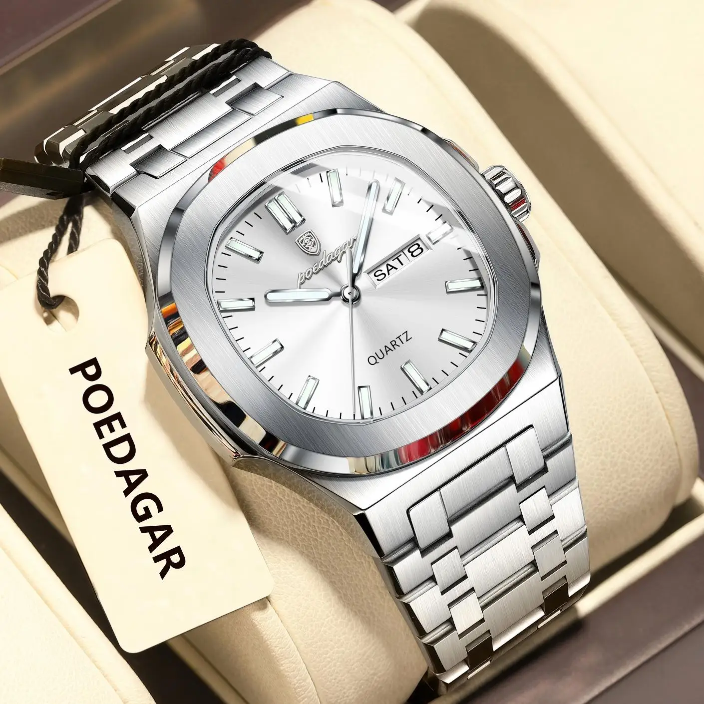 POEDAGAR كلاسيكي مربع الرجال ساعة اليد مقاوم للماء مضيئة تاريخ الأسبوع عادية رجل ساعة الفولاذ المقاوم للصدأ ساعات كوارتز رجالية Reloj #2