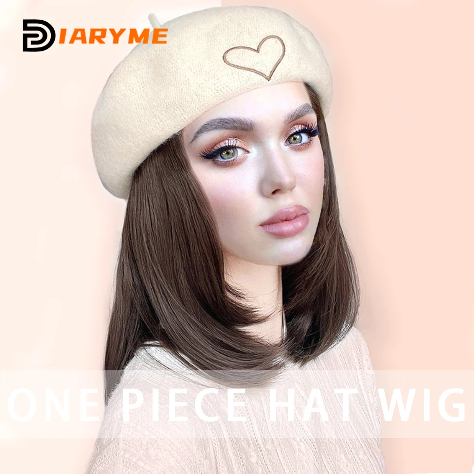 Synthetic Hat Wig Hair Extension Straight BOB Hair Wig With Cap Beret Hat Wigs For Women One Piece Wig Caps Heat Resistant Wire