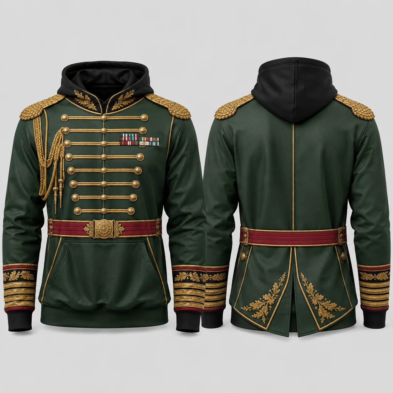 Vintage Military Uniform Style Hoodie Men Forest Green Gold 3D Print Officer Inspired Pullover Hooded Sweatshirt Retro
