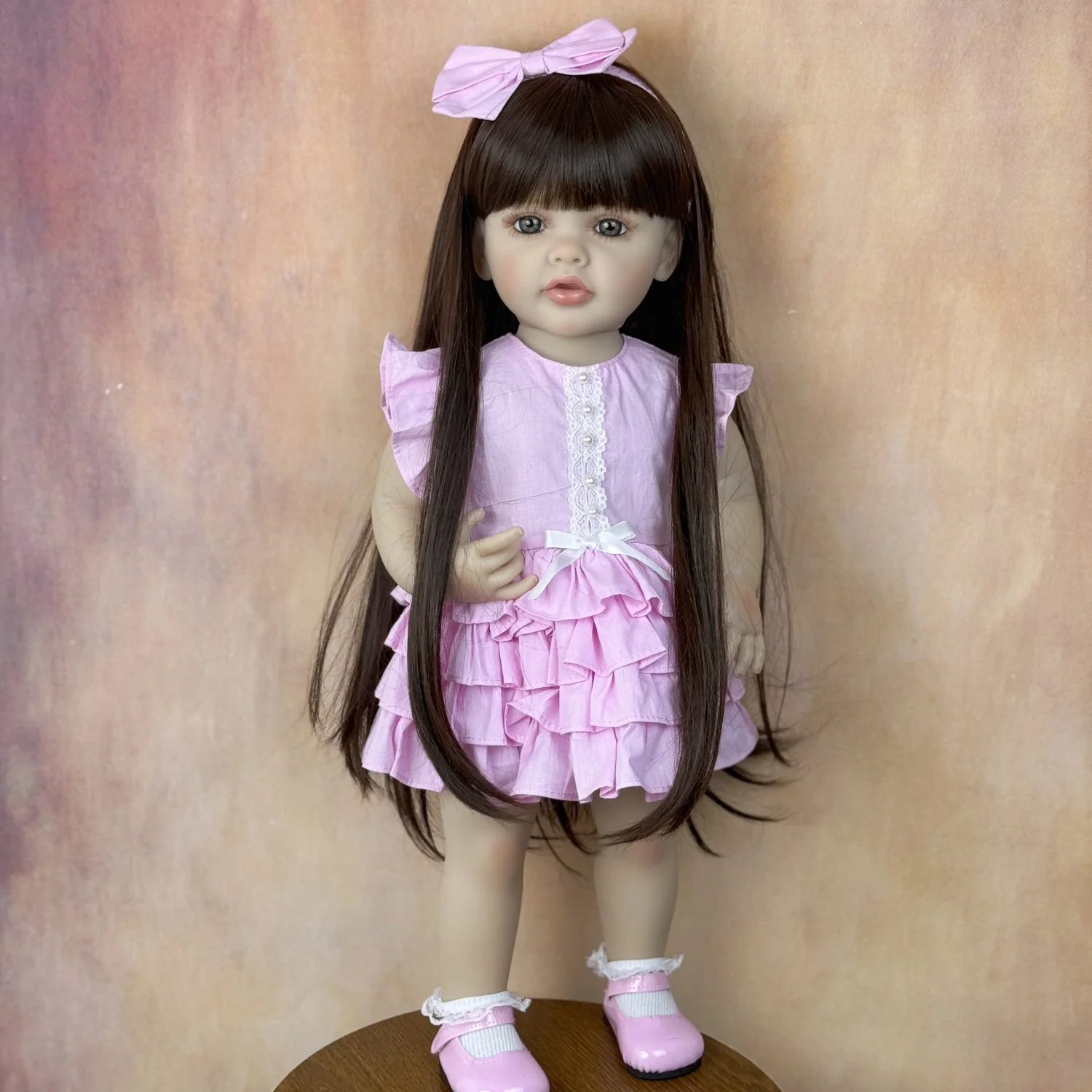 

55 CM Full Vinyl Body Reborn Baby Doll Toy Dress Up Brown Long Hair Princess Toddler Sweet Girl Doll Handmade Birthday Gift