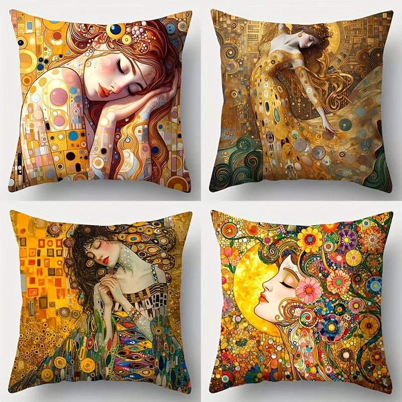 VIKAMA Klimt Art Style Throw Pillow Set, Double-sided Printed Zippered Closed Cushion Cover, Home Decor for Living Room Sofa