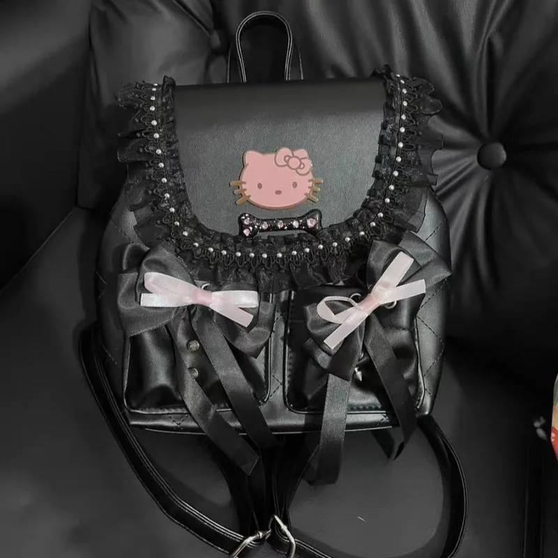 Xiuya Black Hello Kitty Womens Backpack Sweet Bow Fashion Elegant Cute Backpacks Casual Pu Leather Lolita Jk Vintage Female Bags