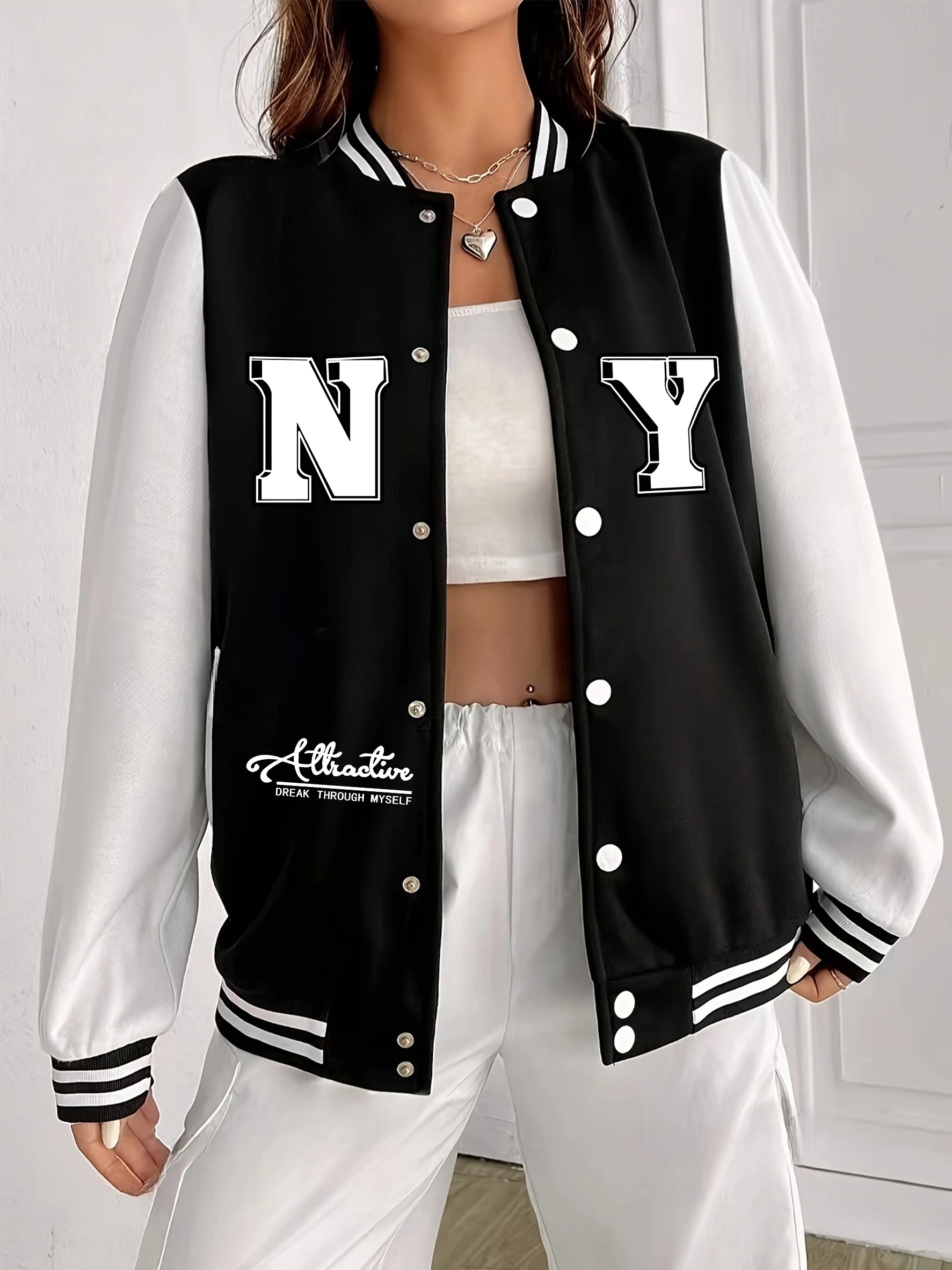 

Американские куртки с принтом Myself To New York, женские негабаритные осенние бейсбольные форма, модное флисовое уличное женское пальто