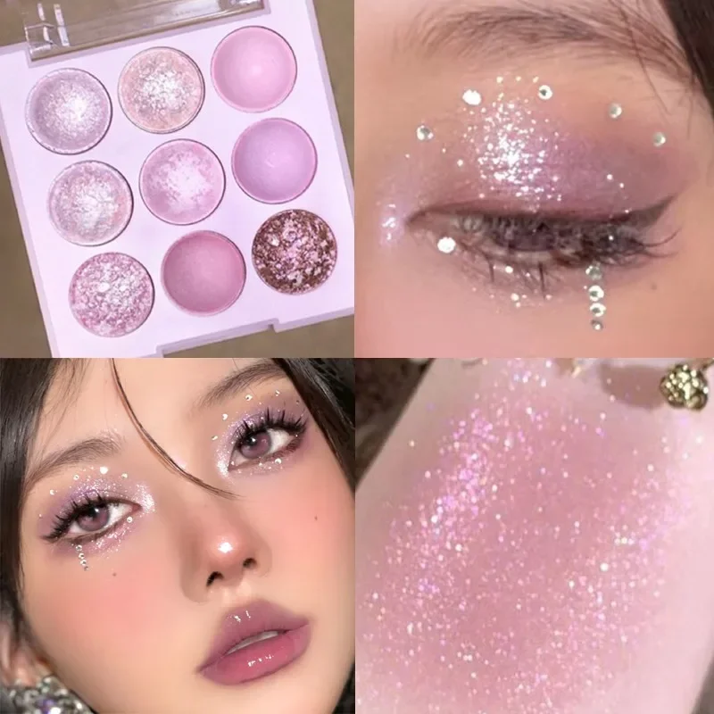 Rose Pink Purple Color Eyeshadow Palette 9 Colors Pearlescent Matte Glitter Eyeshadow Palette Shiny Eye Korean Makeup Pigments