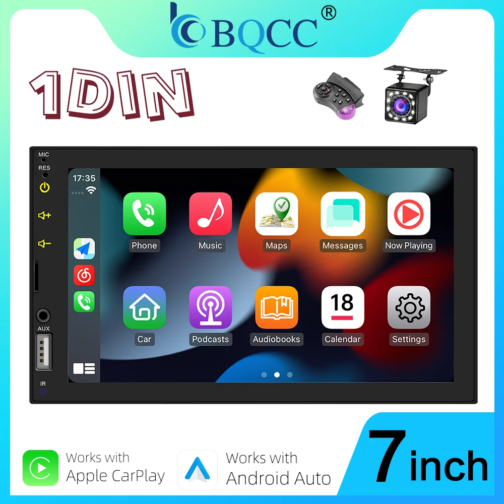 

Автомагнитола BQCC 7 дюймов 1DIN с беспроводным CarPlay и Android Auto, Bluetooth, FM/AM, 7-цветной LED-подсветкой и защитой проводки