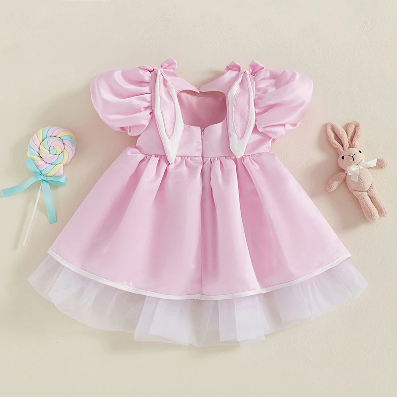 Tregren 1-5Y Kids Girls Easter Dress Cute Puff Sleeve Crew Neck Bow Bunny Ears Toddler Infant Summer A-Line Princess Dress