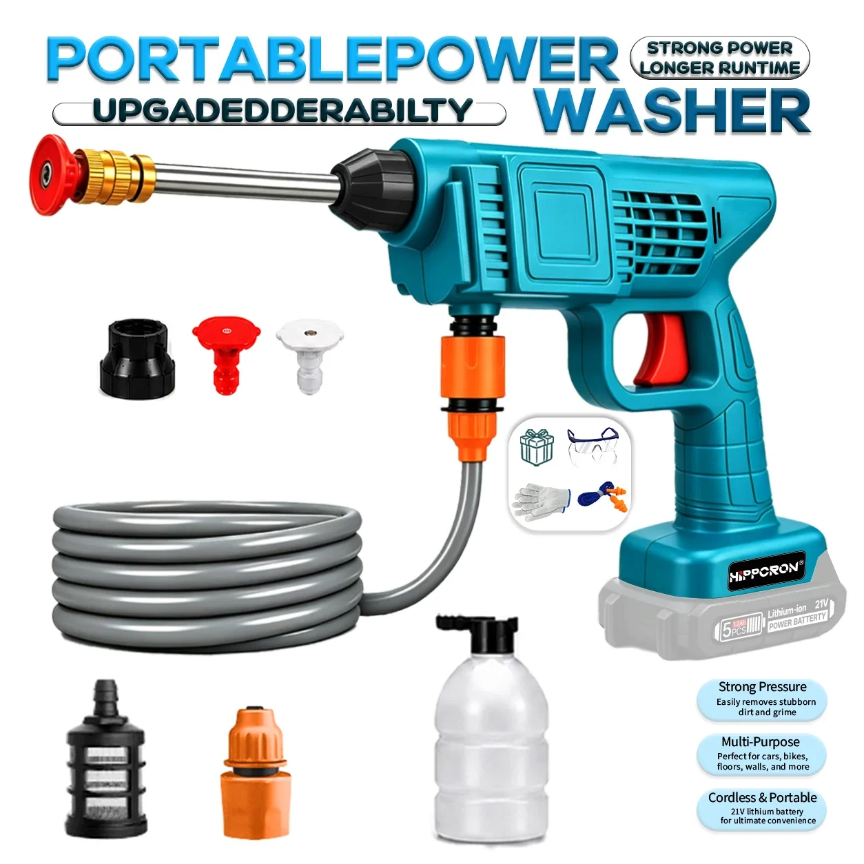 HIPPCRON 6-in-1 Hochdruck-Elektro-Autowäscher Wasserpistole 18000 U/min Bürstenloses Tragbares Reinigungswerkzeug für Makita 18V Ohne Akku – Detail 1