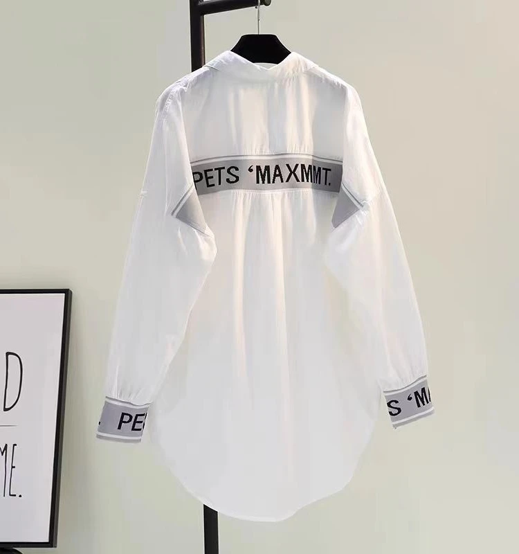

Women's Mid-Length irt Jaet Letter Splicing White Casual Faionable Spring Autumn New Sle Cuffed Collar Button De...