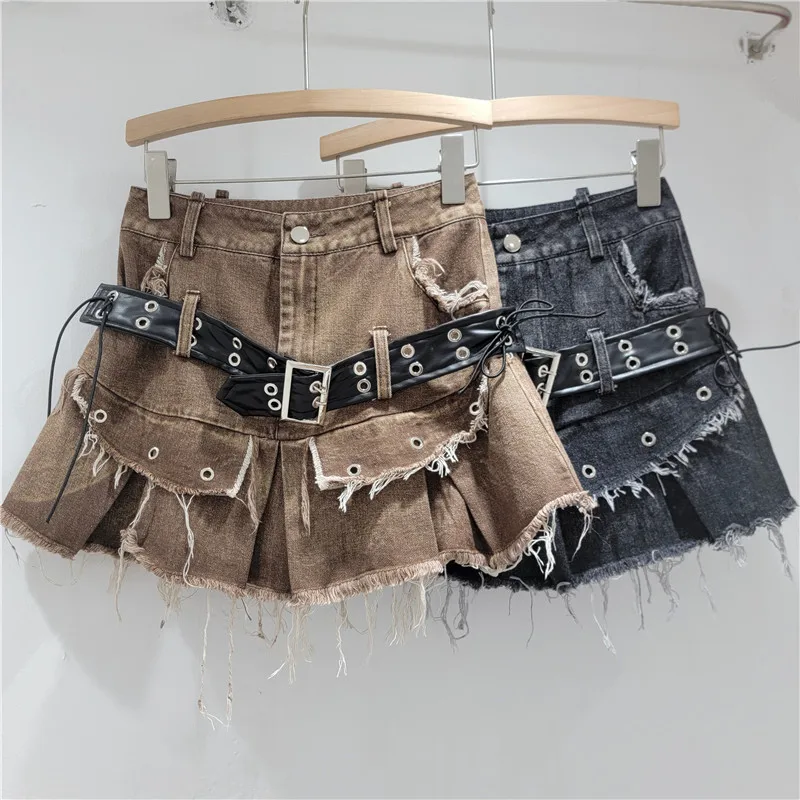 

Black Gray Denim Skirt with Retro Distressed Look and Slim Edge Design Washed with Premium Denim Short Skirt Female Clothing