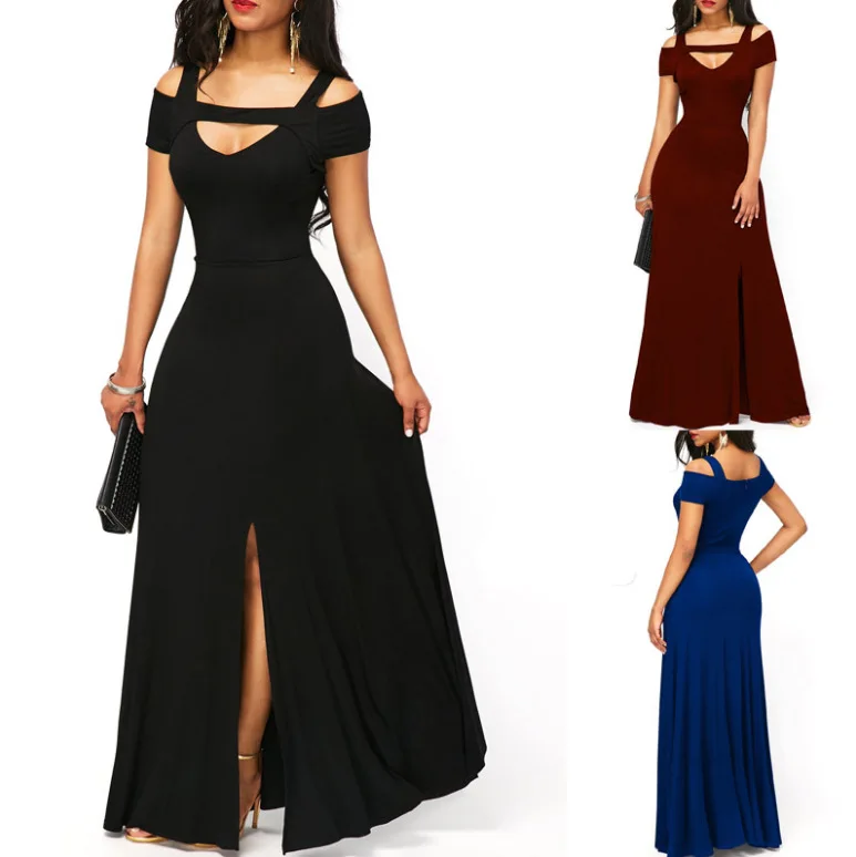 Dress Women Summer Europe v-neck off-the-shoulder Split Posed Party Dress Cultivate Dresses Casual Vestidos BLK9262