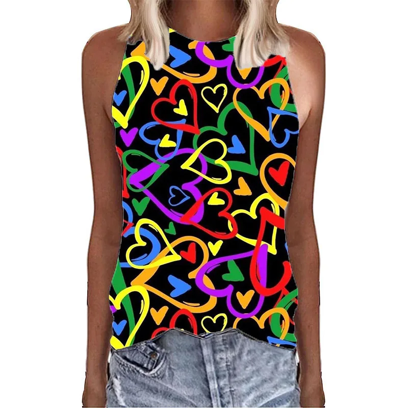 Graffiti Colorful Love Hearts 3D Print Tank Tops Summer Women O-Neck Vest Off Shoulder Y2k Sleeveless Camisole Woman Clothing — zdjęcie 4