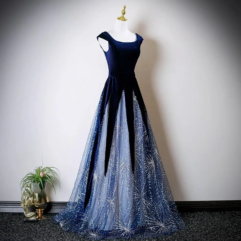 فستان سهرة أنيق برقبة مربعة باللون الأزرق للنساء بألوان متباينة من الدانتيل فساتين حفلات مطرزة على الطراز الفرنسي