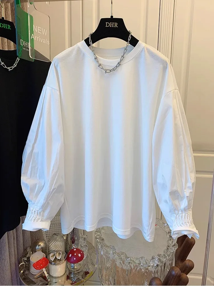 

Korean Style Loose Lantern Sleeve Patchwork Sweatshirt Women's Spring New plus Size Conceal Meat Slimming Inner Wear Top