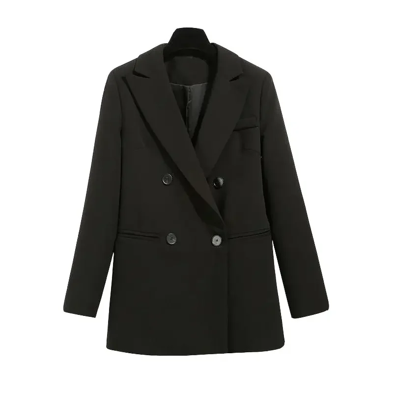 Chaqueta negra para mujer, Blazer coreano, ropa de trabajo, abrigo con muescas de doble botonadura, chaqueta informal suelta, otoño e invierno, 2023