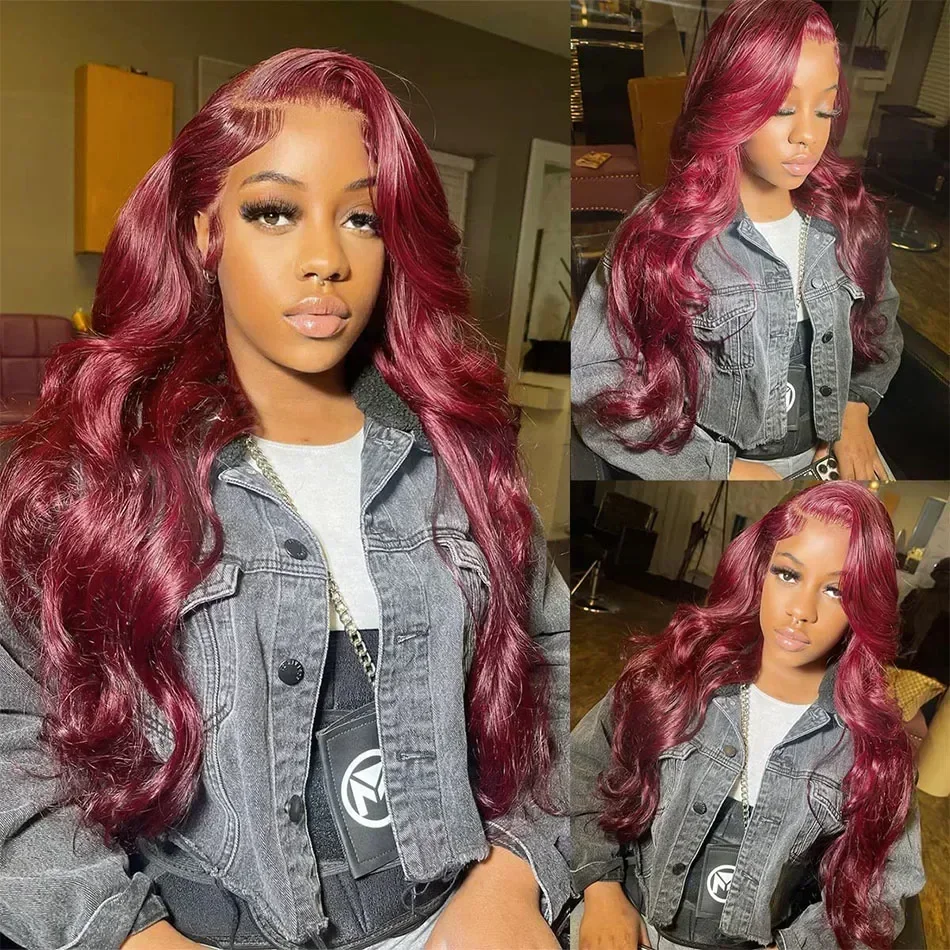 Perruque Lace Front Wig naturelle Body Wave, cheveux humains, couleur bordeaux 99j, 13x4, 13x6, densité 200, pre-plucked, transparente HD