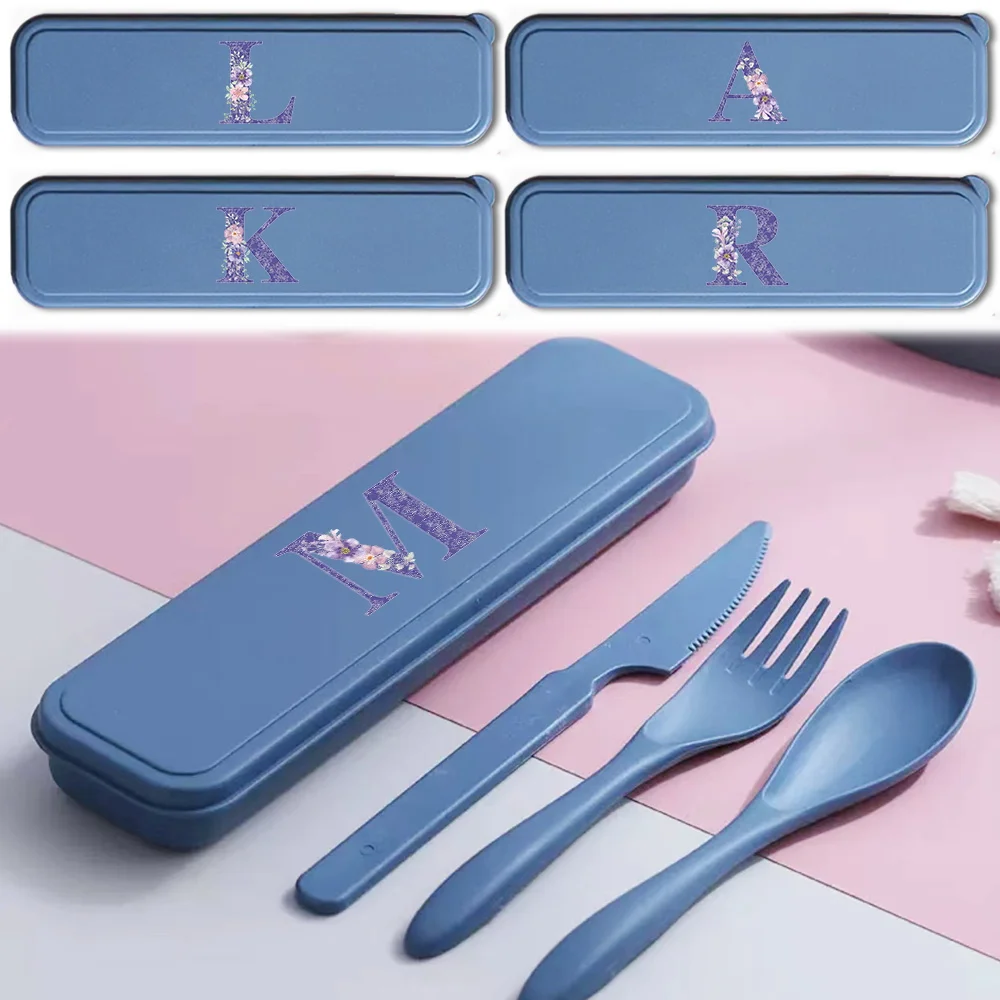 

3Pcs Wheat Straw Dinnerware Set Portable Organizer Case Plastic Cutlery Outdoor Travel Cutlery Purple Flower Letter Pattern