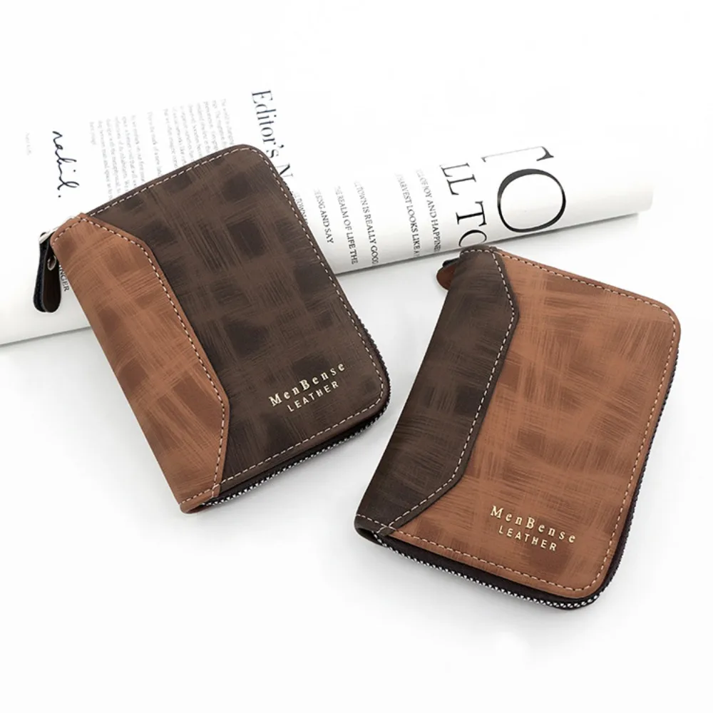 Sewn PU Leather Short Zipper Wallet Button Retro Frosted Billfold Holder Zipper Cash Clamp Men's Coin Purse Card