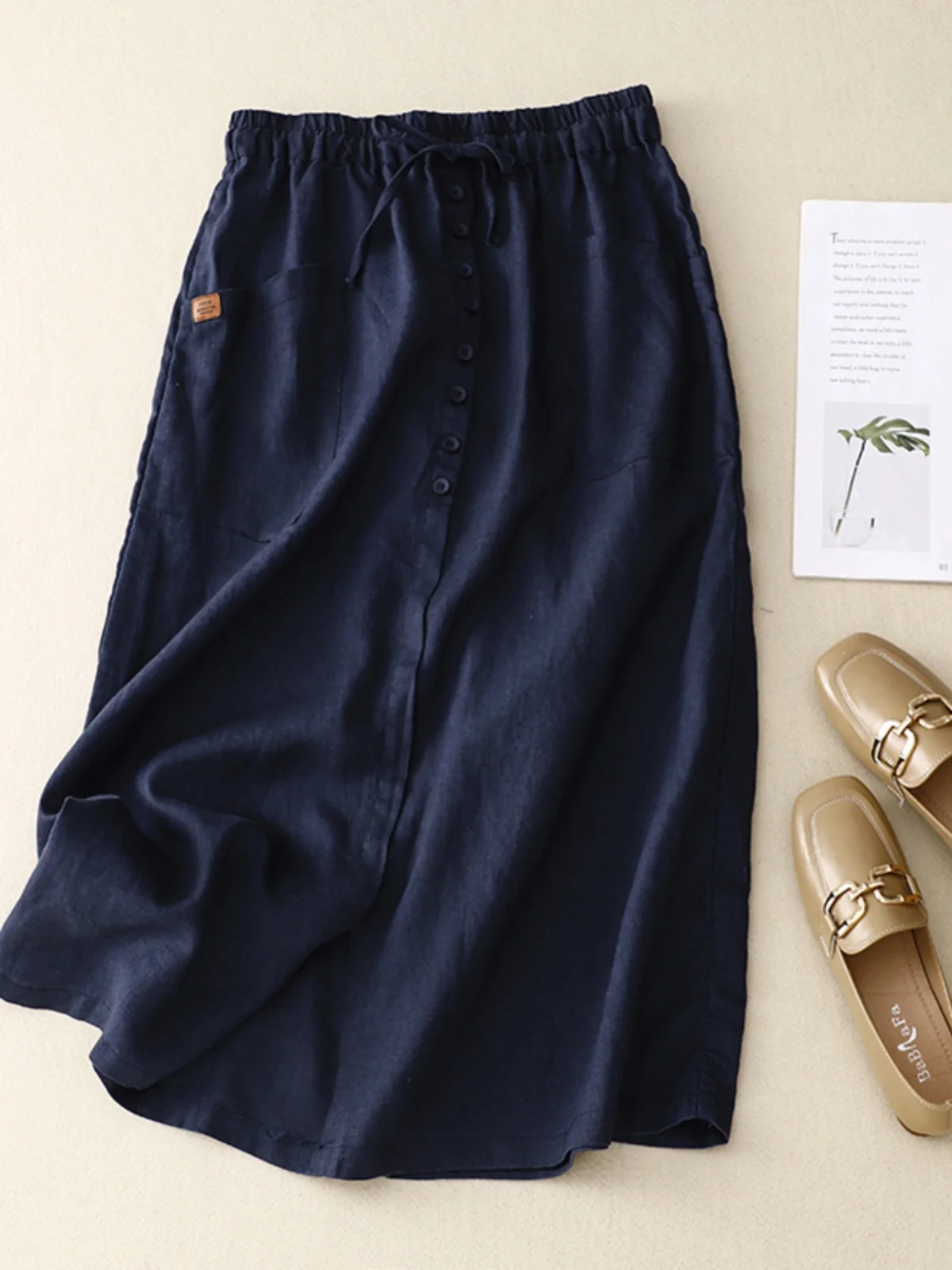 ارتفاع الخصر ثنيات القطن الكتان ألف خط تنورة المرأة الصيف زر واحد الورك تغطي التنانير غير رسمية الكورية Sle ميدي تنورة #3