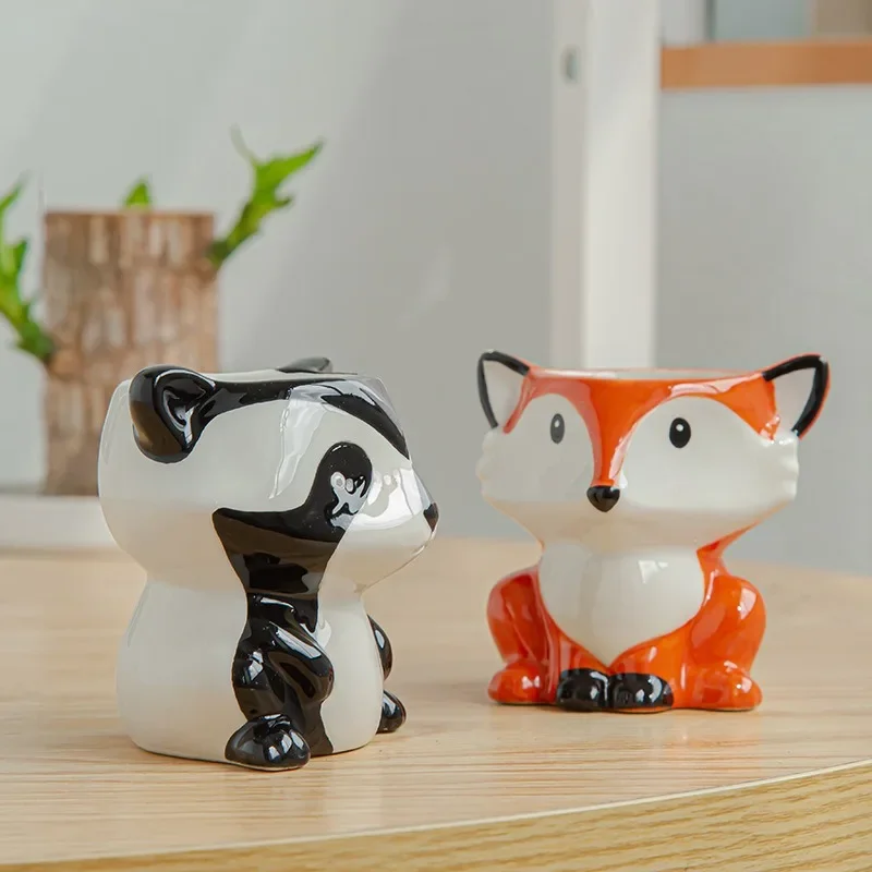 Cartoon Animal Flower Pot Fox Zebra Sheep Cow Mini Pot Succulents Plants Bonsai Pots Ceramic Vintage Vase Home Garden Decoration