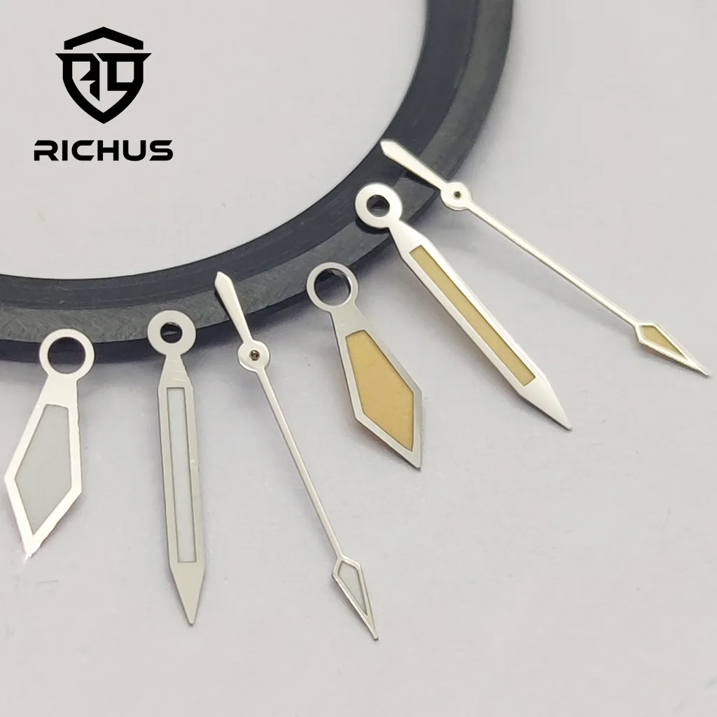 

Стрелки часов RICHUS NH35 Серебристо-желтые стрелки часов Зеленые светящиеся стрелки NH34 NH35 NH36 ETA2824 2836 Механизм Miyota8215-DG
