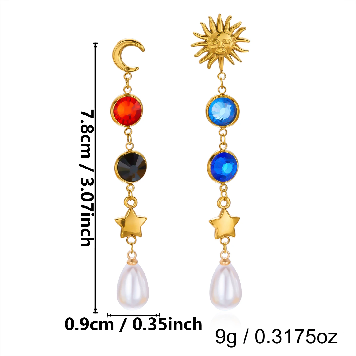 Edelstahl Sonne-Mond Asymmetrische Quasten-Ohrringe für Frauen Bunte Zirkonia Lange Hängeohrringe Party Alltags-Schmuck – Detail 8