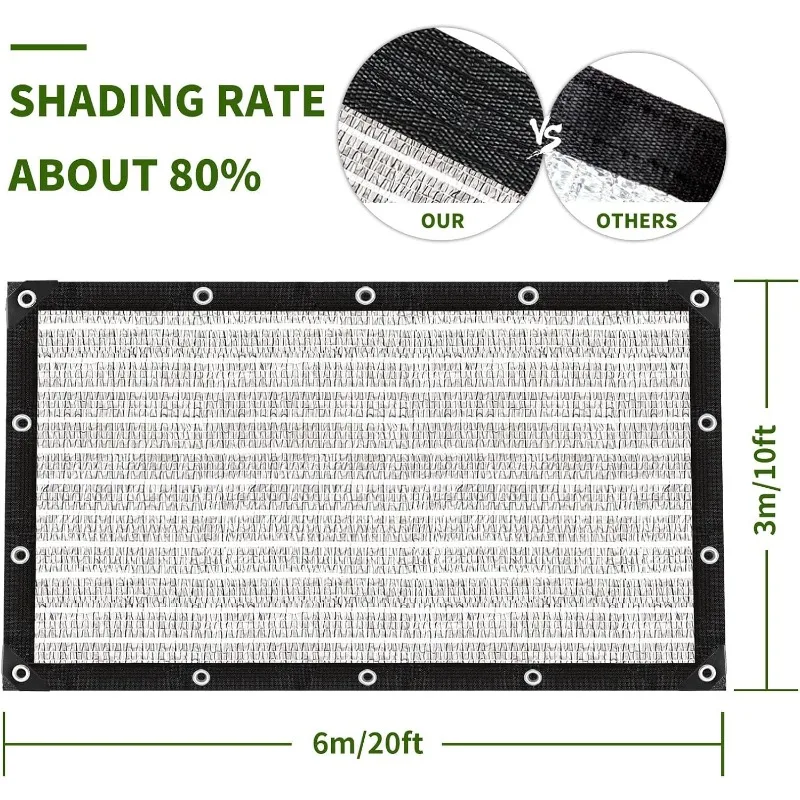 Alumínio Shade Cloth for Car Garden, Reflective Shade Cloth, Pérgola ao ar livre, gramado, 80%, 10x20'