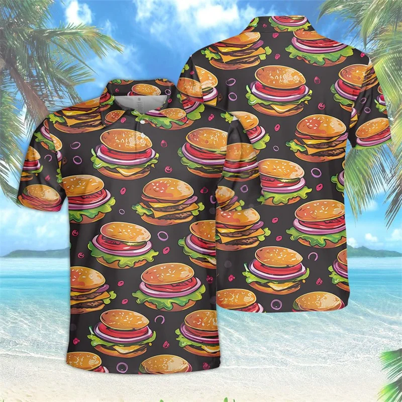 Hamburger Cat Graphic Polo Shirts For Men Delicious Food 3D Printed Tees Harajuku Hawaii Loose Tops Street Lapel Short Sleeves