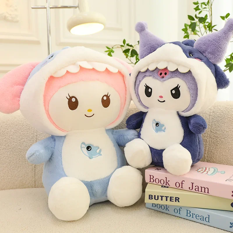 Juguetes de peluche Kawaii Sanrio Kuromi My Melody, muñeco de tiburón transformable, almohada de peluche suave, regalo de cumpleaños para niñas, tamaño grande, 55cm