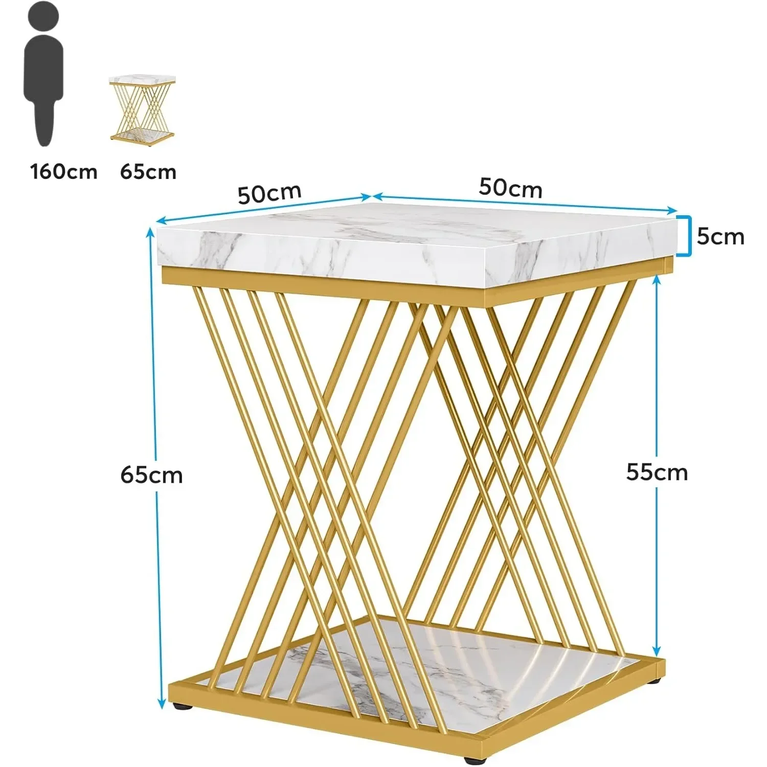 #Square End Table White Gold 2-Tier Side Table Modern Small Bedside Table with Storage for Couch ( Faux Marble White+Gold) image 6