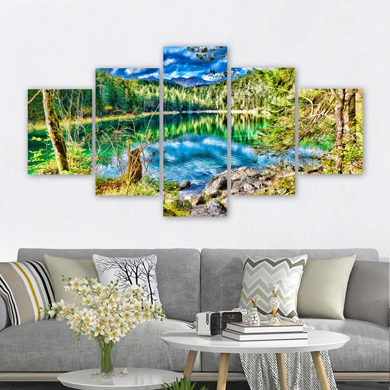 5 Panels Natural Landscape Posters Canvas Prints Lake Mountain Painting Wall Art Pictures Living Room Home Decoration No Frame