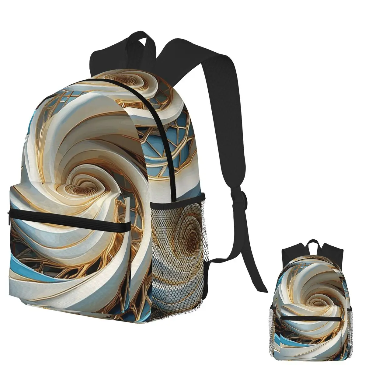 

White Blue Gold Abstract Geometric Fibonacci Spiral Art Student Backpack School Bag Hiking Travel Daypack Bookbag Shoulder Bags