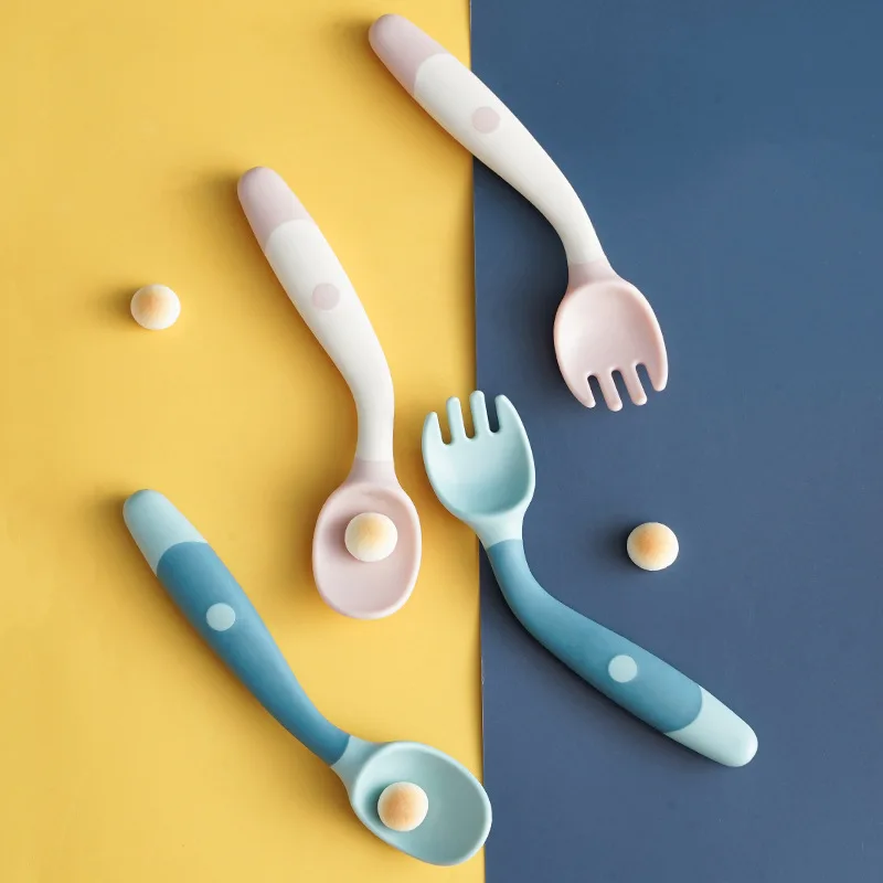 2pcs/set Baby Tableware Silicone Spoon Fork Set Bendable Soft Fork Children\'s Learning Eat Training Baby Assiste Eat Tableware