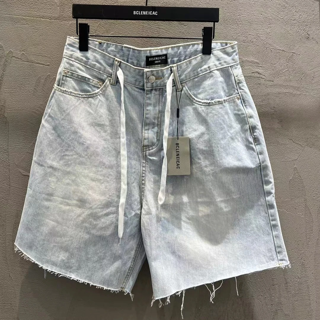 

BCLENEICAC Paris Sle Heavyweight Bleached Fringe Design Loose ex Denim shorts Youthful Energy Straight Leg Summer shorts