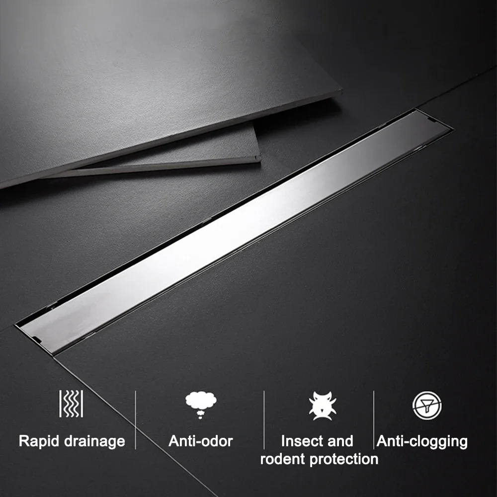 

20-100cm Invisible Side Outlet Silver Stainless Steel Bathroom Shower Drainage Rectanle Waste Drain Strainer