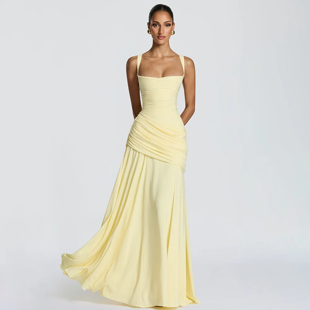 Gele, lage, rugloze, hoogtailleerde jurk met spaghettibandjes, cincher, vestido's, feestjurk, clubjurk, elegante avondjurk voor dames