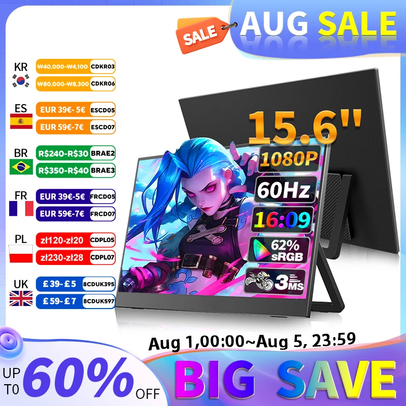 

15.6 inch 1080P 60HZ Full HD Portable Monitor 62%SRGB Second screen for laptop for Laptop PC MAC Phone PS4 Xbox Switch