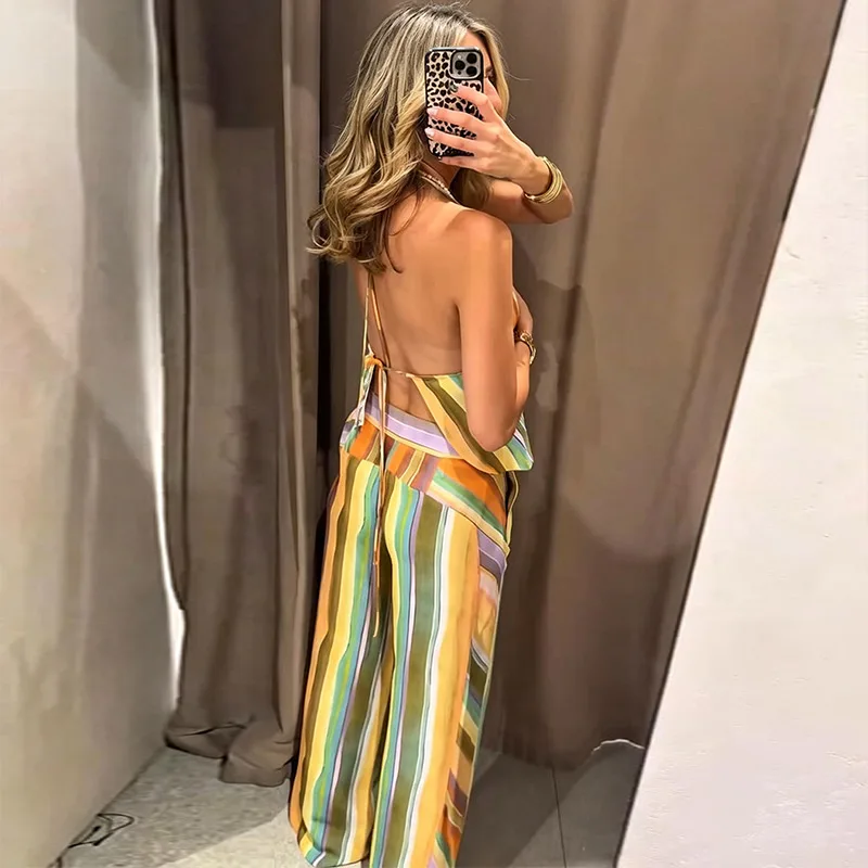 Gestreifte V-Ausschnitt Rückenfreie Crop-Tops und Hosen-Sets für Damen, Sexy Ärmelloses Schnür-Top, Midi-Taille, Weite Hosen, Schicke Damen-Outfits – Detail 4