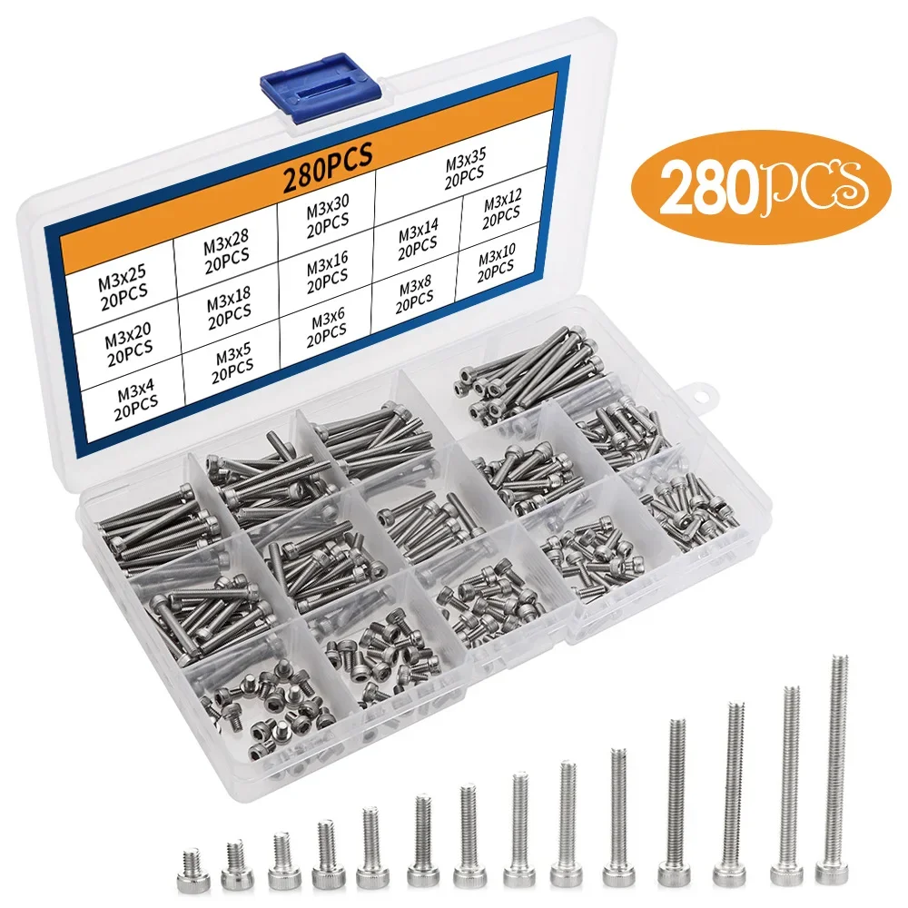 120/180/280Pcs DIN912 Hex Socket Cap Screws Set, A2-70 304 Stainless Steel Allen Bolts M3 M4 M5 M6 M8 Hardware Assortment Kit