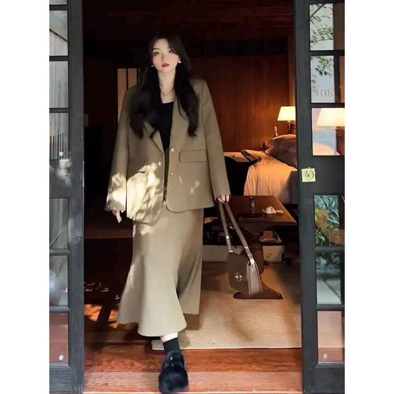 Insozkdg Two Piece Set Women Korean Elegant Blazer Jacket + Mermaid Midi Skirt Autumn Slimming Elegant Set Office Lady Hot Sale