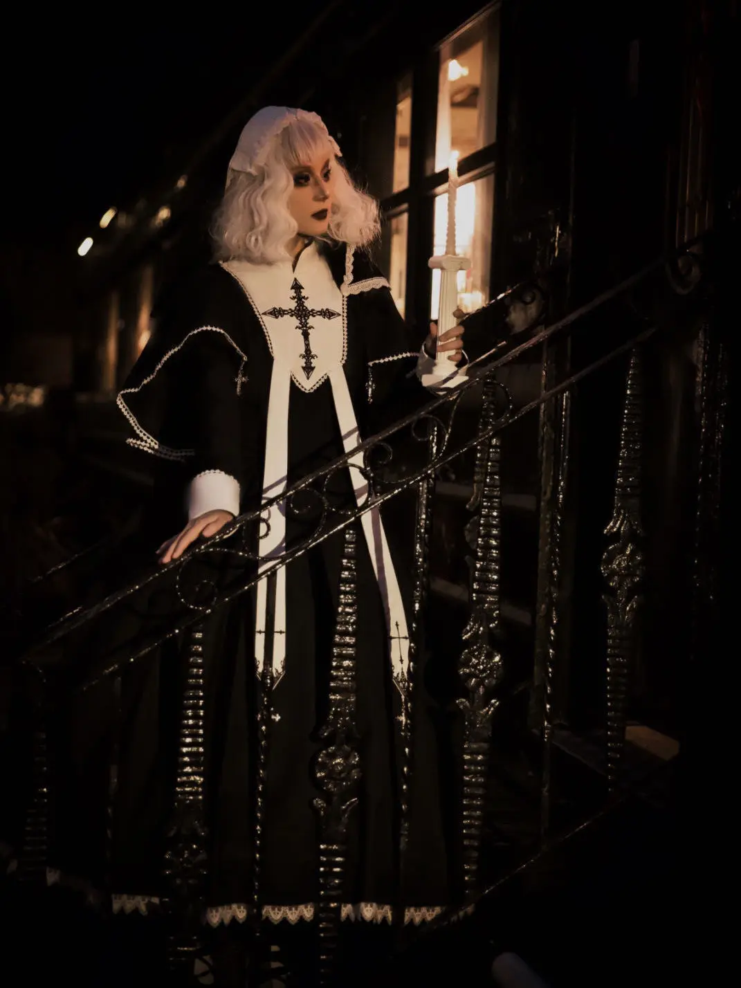 【 Convent 】 Nun Diablo Department Goth Witch Crucifix Lace Long Sleeve Lolita Cosplay Dress Cloak Halloween