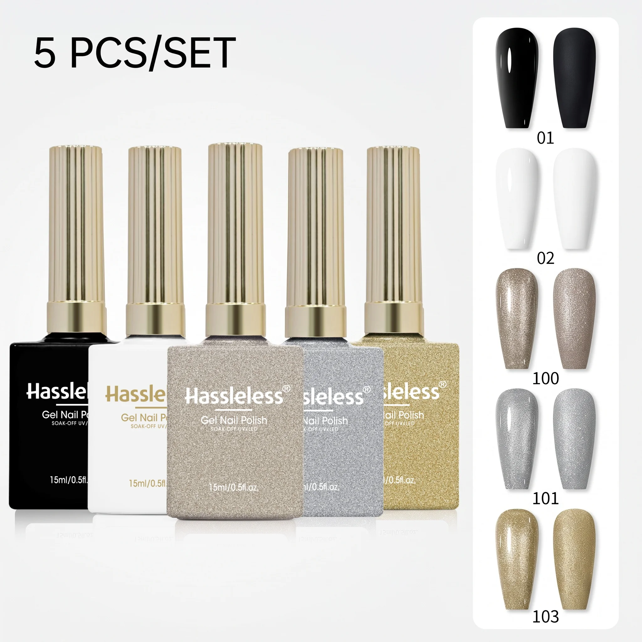 Hassleless 5Pcs Nail Polish Gel Set 0.5 Oz, Smooth and Streak-Free Fine Glitter Nail Polish, Smudge-Proof and Long-Lasting Brightening Nail Color
