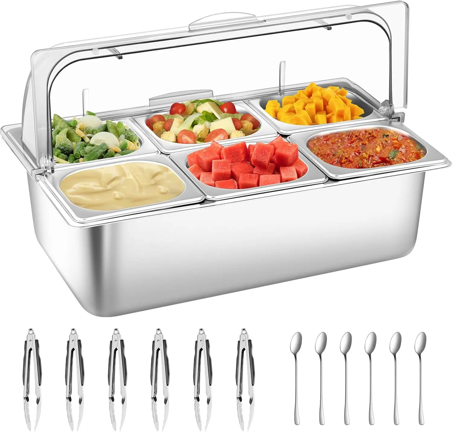 

Stainless Steel Buffet Serving Tray with Clear Lid, 6-Pan Food Display Container for Hot/Cold Dishes