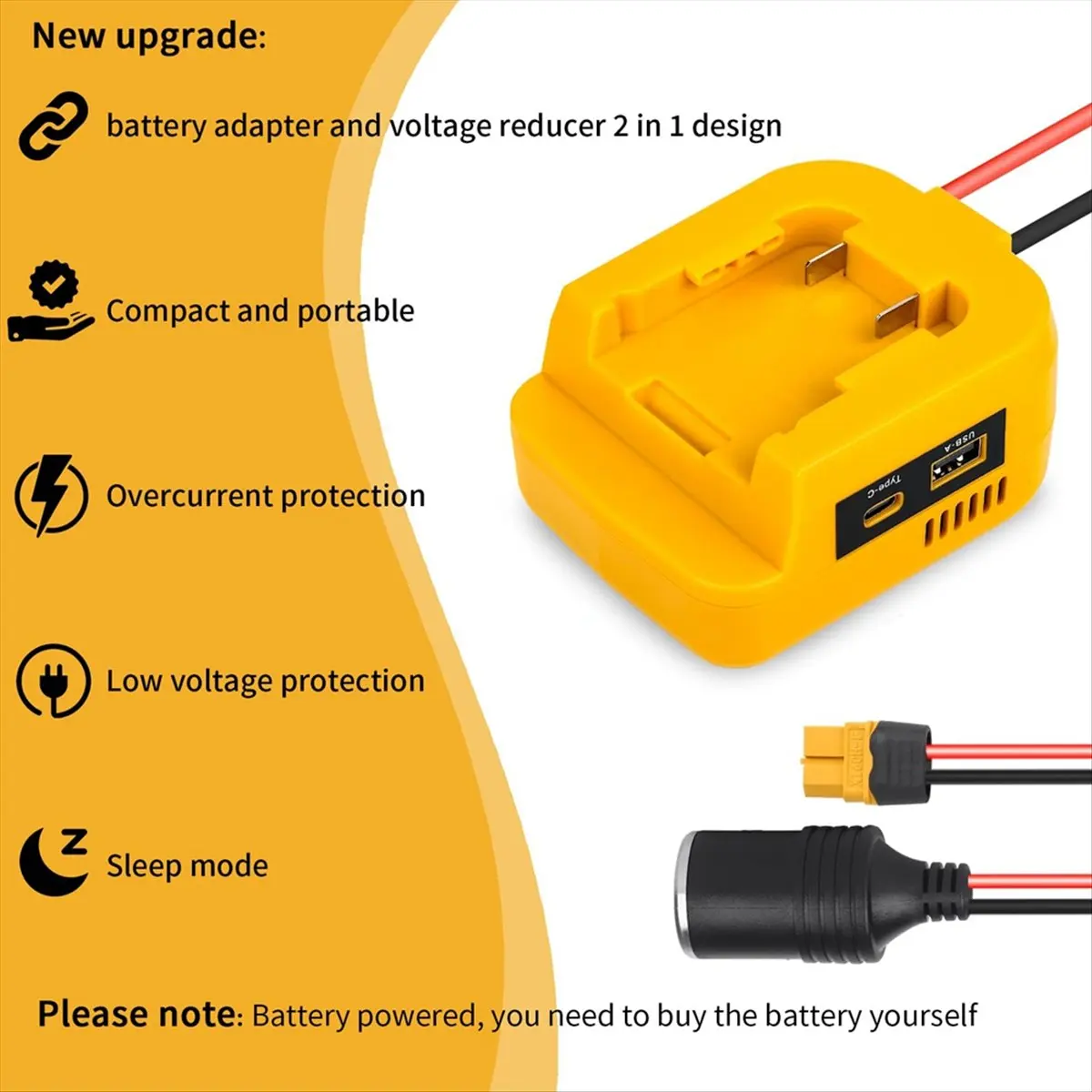 

Адаптер для аккумуляторов ABKM с портами USB/Type-C/XT60, преобразователь напряжения 18В в 12В для аккумуляторов DeWalt 20В для радиоуправляемых машинок Power Wheels