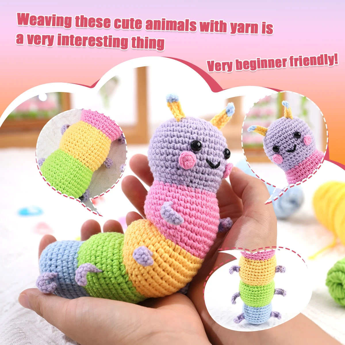 Colorful Caterpillar Cartoon Doll Crochet Kit Set - DIY Handmade Craft Materials for Creating Cute Soft Toys