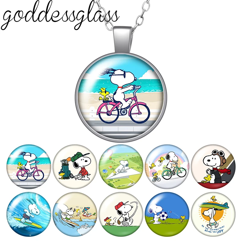 Cacahuetes Snoopy deportes Golf ciclismo patinaje surf foto redonda cabujón de cristal plateado colgante collar joyería regalo