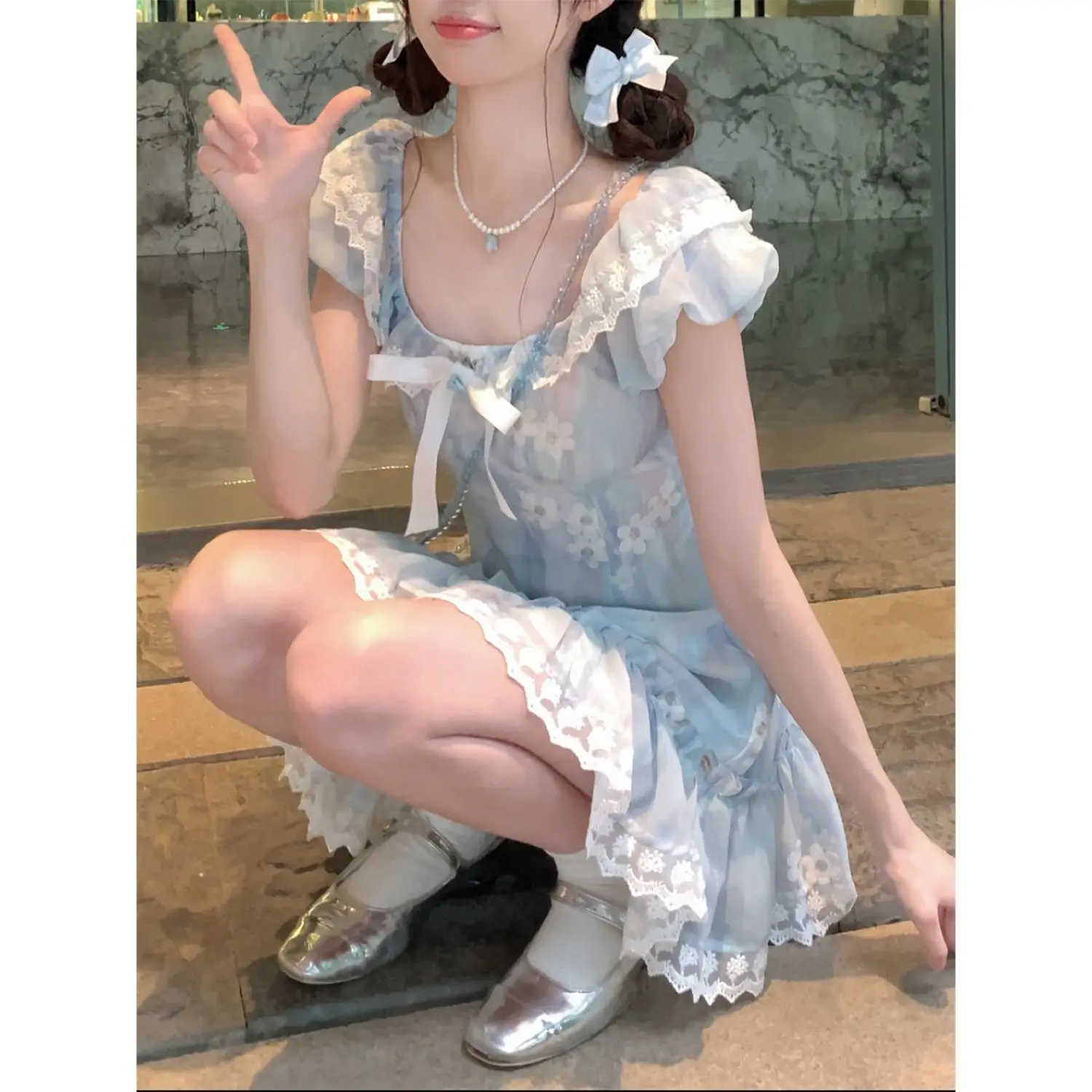 Japan Summer Sweet Kawaii Blue Plaid Dress Woman Lolita Lace Y2k Mini Dress Short Long Party Elegant One Piece Dress Fashion