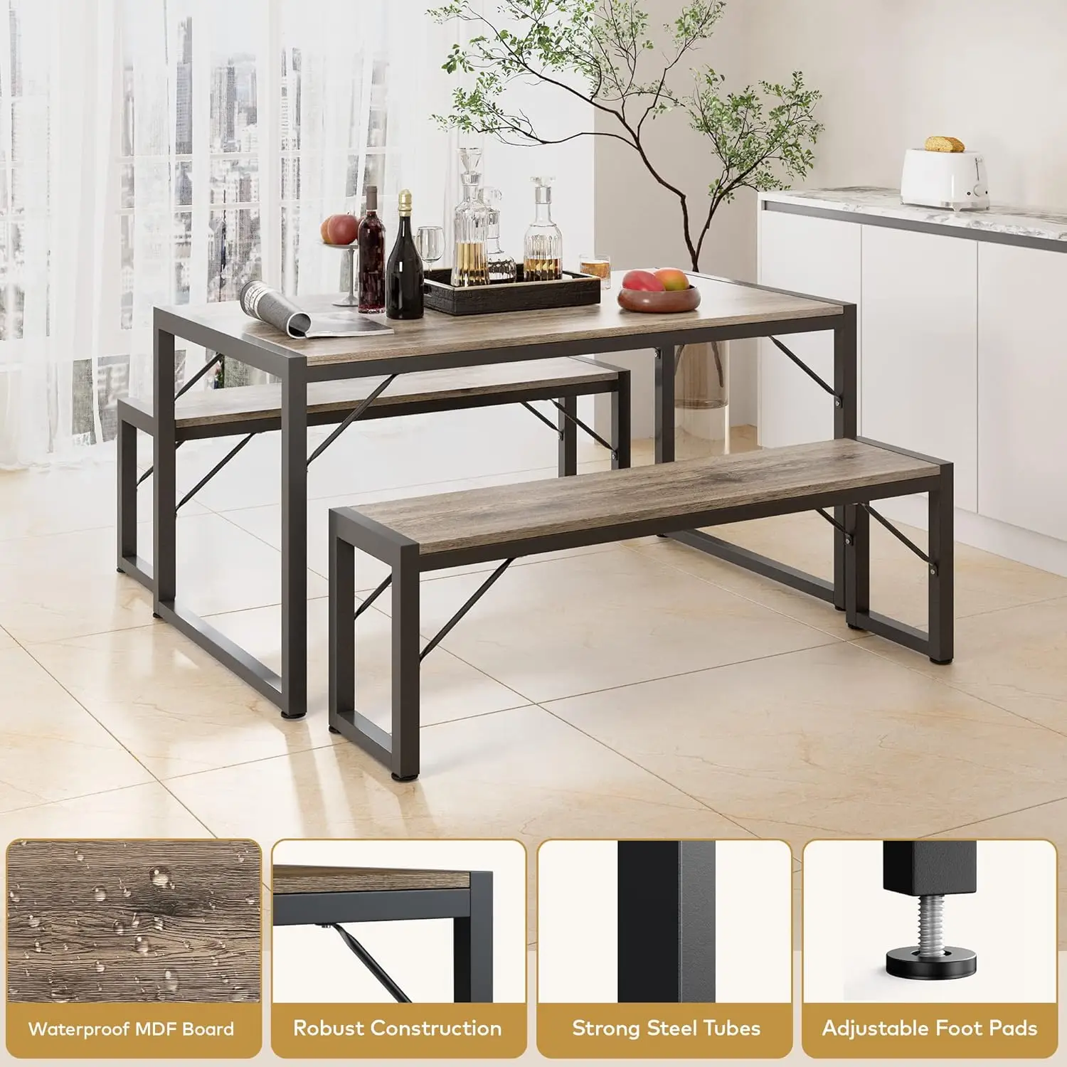 Conjunto de mesa de jantar de 45,5" para 4, conjunto de mesa de cozinha com 2 bancos, conjunto de mesa de sala de jantar com estrutura de metal e placa de MDF, cinza